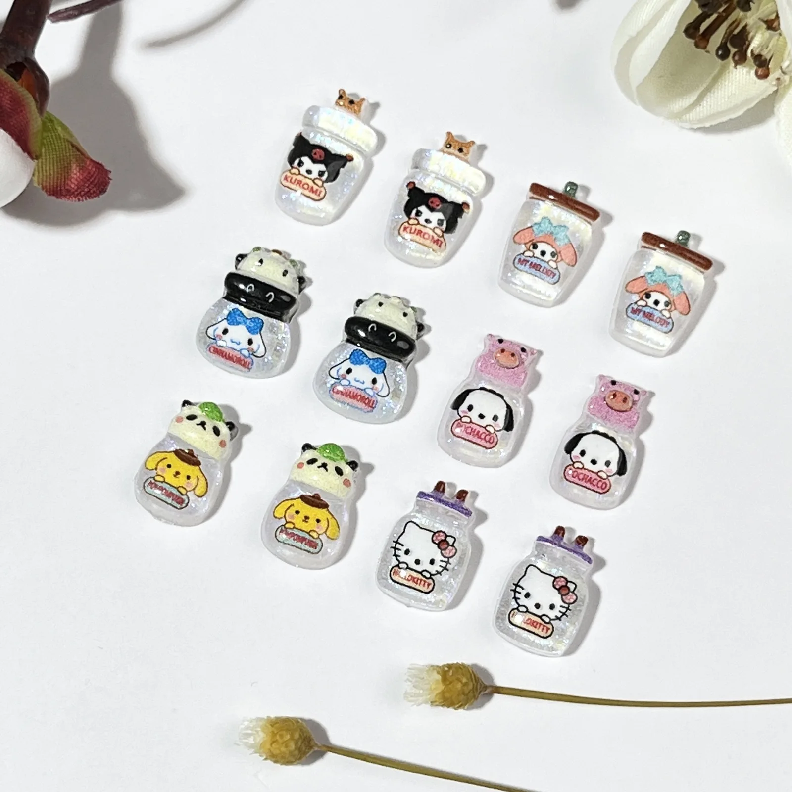 20pcs/set Sanrio Nail Art Cartoon Figure Kawaii KT Cat Pochacco Luminous Bottle Shape Resin Nail Charm Accessories Children Gift