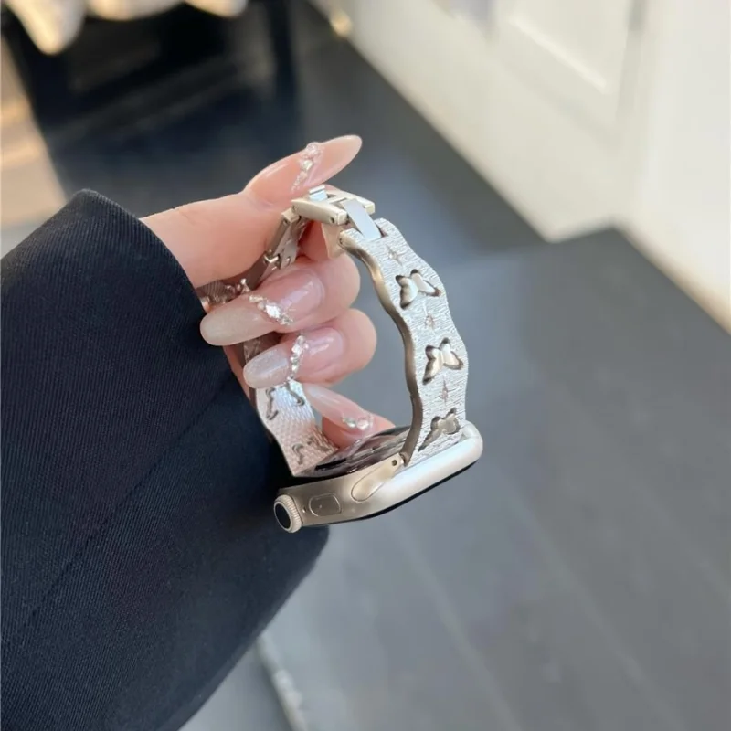 

Металлический браслет с полой бабочкой, совместимый с ремешком iWatch 38 мм, 40 мм, 41 мм, 42 мм, 44 мм, 45 мм, 49 мм, модный ремешок ручной работы