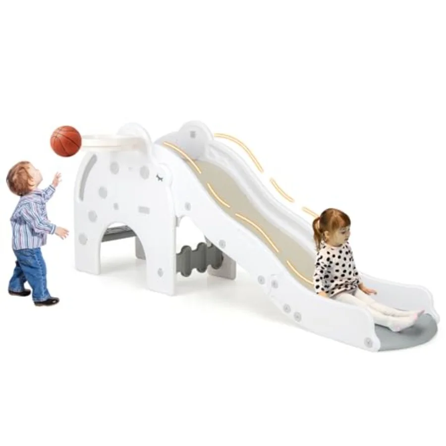 

Toddler Slide 4 in 1 Indoor Slide Wave Slideway Max Load 330lb for Age 18+ Months with Basketball Hoop Ball Outdoor Climber Fre