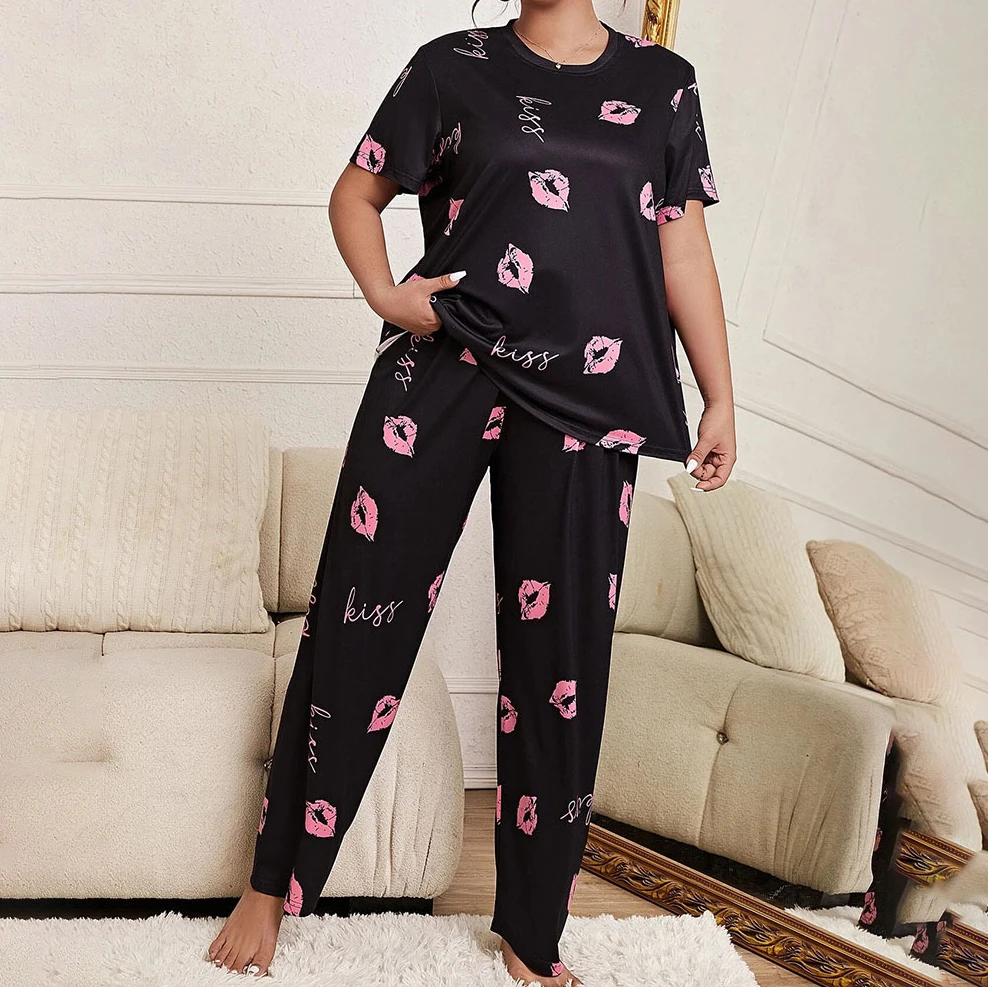 Large Size Oversized 5XL Women\'s Pajama Set Round Neck T-shirt Trousers Sleepwear Cartoon Bear Print Pyjamas Female Loungewear