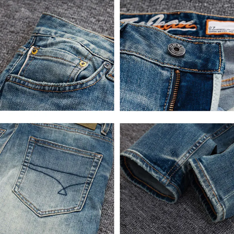 High Quality Fashion Designer Men Jeans Retro Blue Stretch Slim Fit Vintage Jeans Men Embroidery Selvedge Red Line Denim Pants