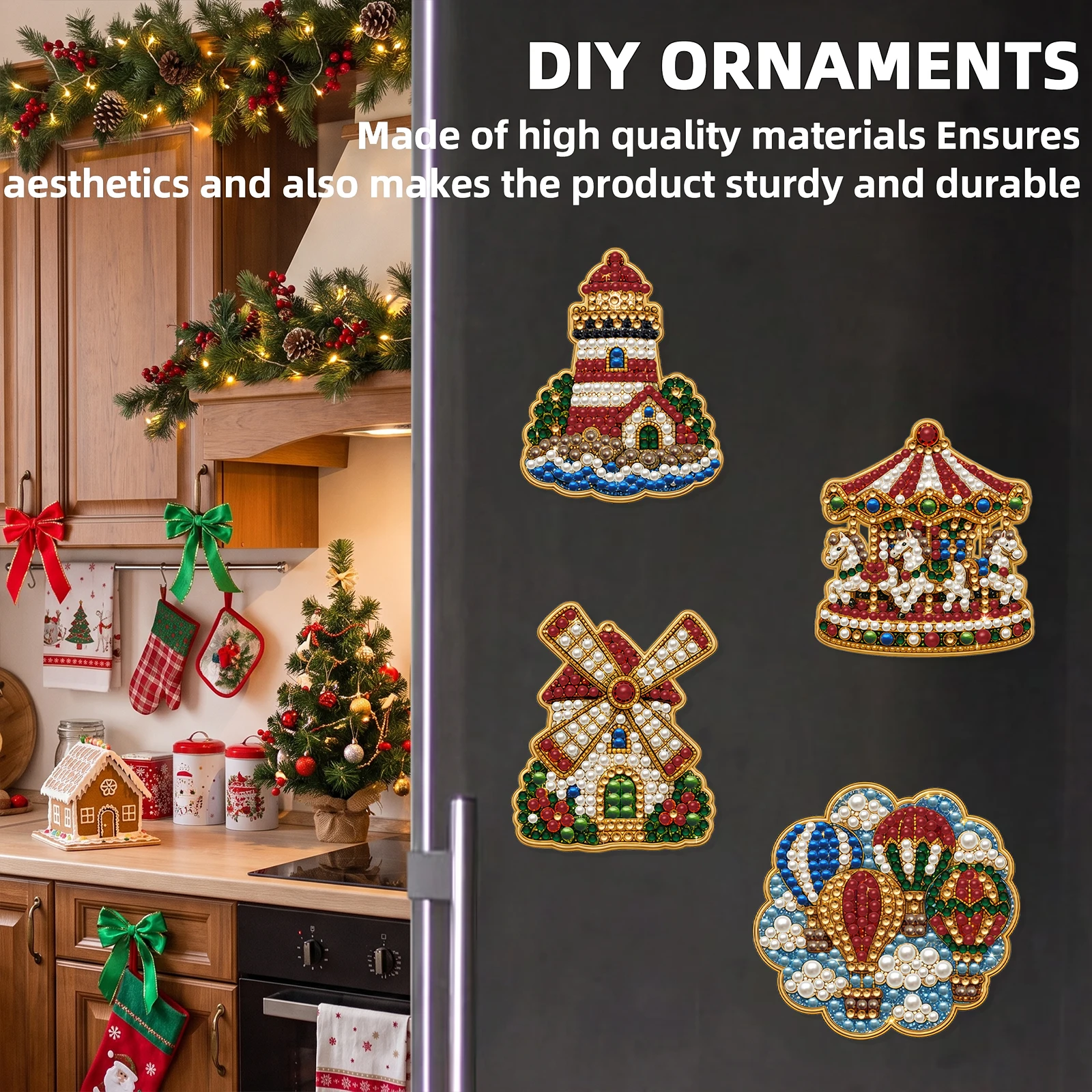 6Pcs Christmas Pearl Diamond Painting Magnets DIY Kit Resin Gems Fridge Acrylic Craft Sticker Set