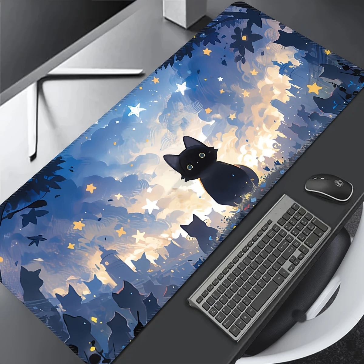 Starry Night Black Cat Large Gaming Mouse Pad Rubber anti-slip rectangular desk mat suitable for computers and e-sports