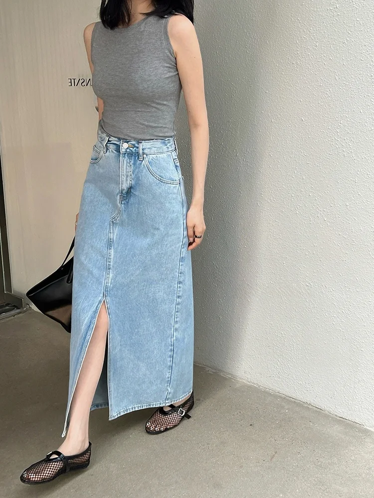 

Джинсовая юбка А-силуэта с высокой талией для женщин, лето 2025, повседневная, из хлопка, светло-голубая, без стрейча, утягивающая, с разрезом спереди