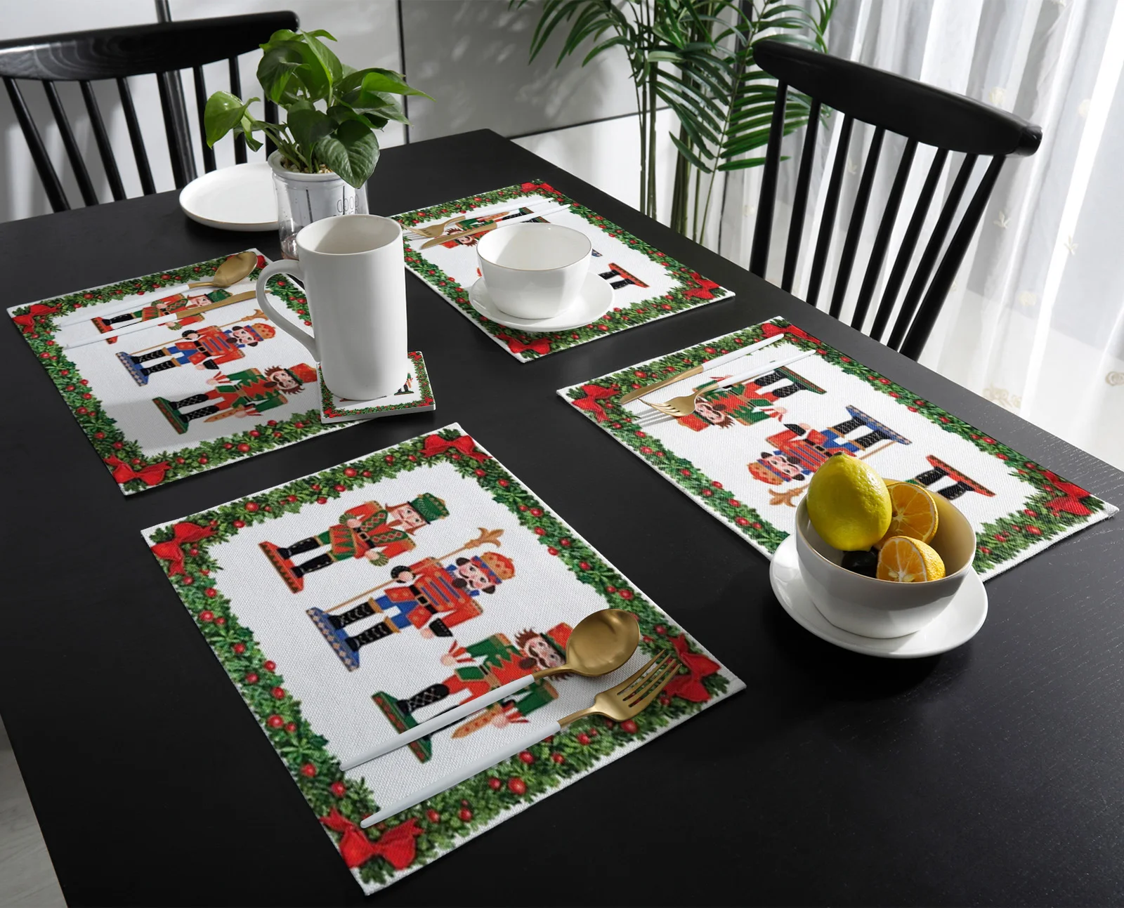 4/6pc Set Nutcracker With Green Leaves And Balls Table Mat For Dining Table Kitchen Accessories Linens Placemat Tea Coaster Pads