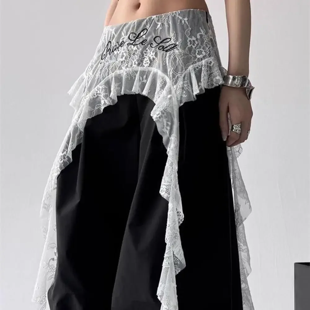 

Джинсовая мини-юбка с вышивкой цветов и кружевом, асимметричная, в стиле Y2K, уличная мода, с драпировкой, на шнуровке, в стиле Харадзюку, с декоративной вставкой сзади