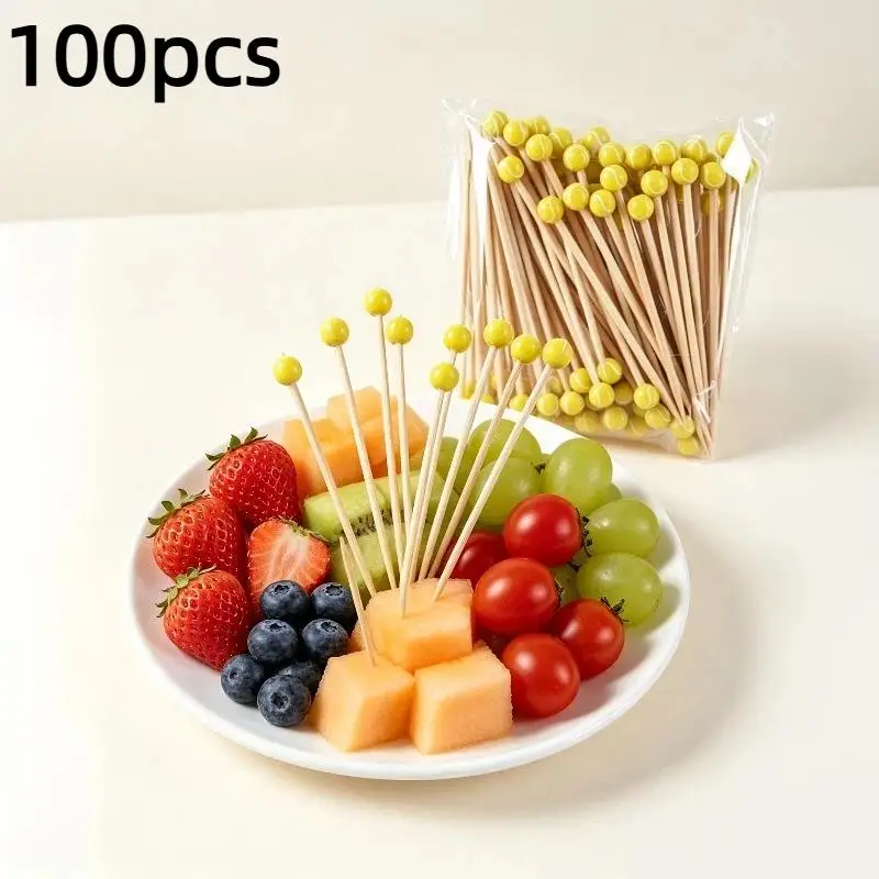 2026 NEW 100Pcs 120Mm Bamboo Fruit Skewers Yellow Tennis Decor Disposable Cocktail Picks Sticks For Home Party Wedding Supplies
