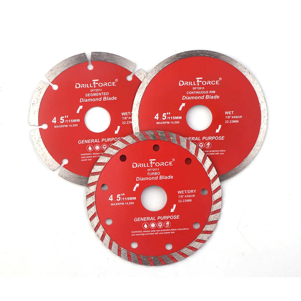 DRILLFORCE 3 قطعة ضياء 115 مللي متر شفرات منشار ماسية مستمر/مجزأة/توربو حافة جاف الرطب بلاطة من البورسلين أسطوانة تقطيع الرخام دائري