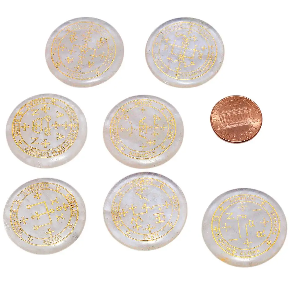 TUMBEELLUWA Healing Crystal Polished Engraved Round Palm Worry Stone Reiki Symbol The Seven Archangels,Set of 7