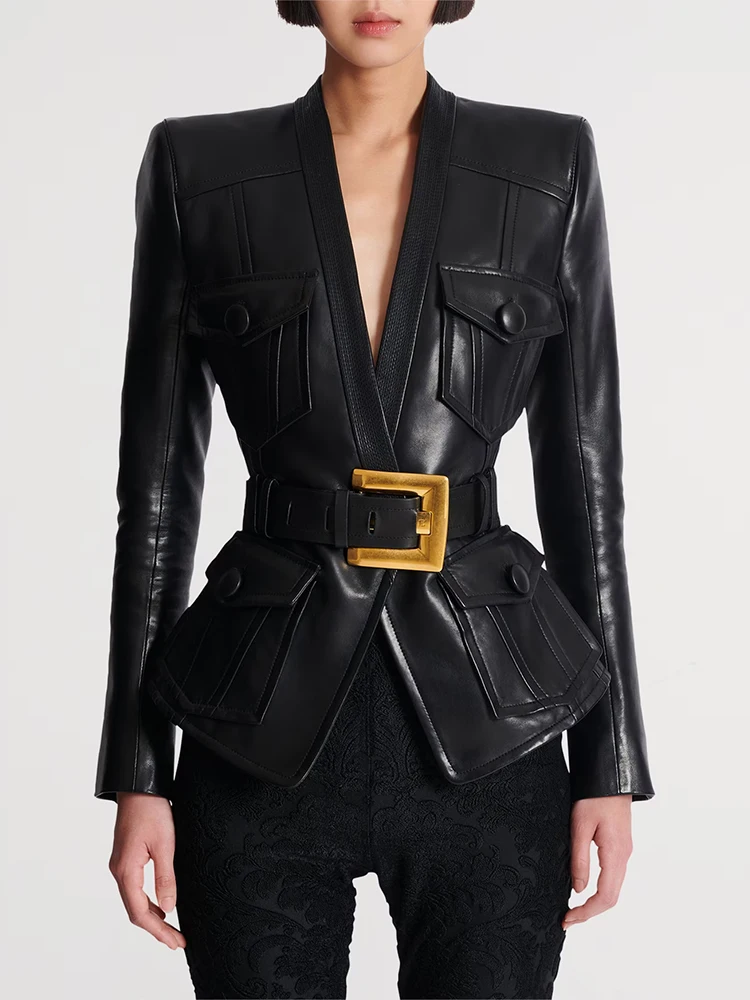 

Newest 2025 Designer Jacket Women's Belt Slim Fitting Leather Button Pocket Decoration Artificial Leather Blazer пиджак