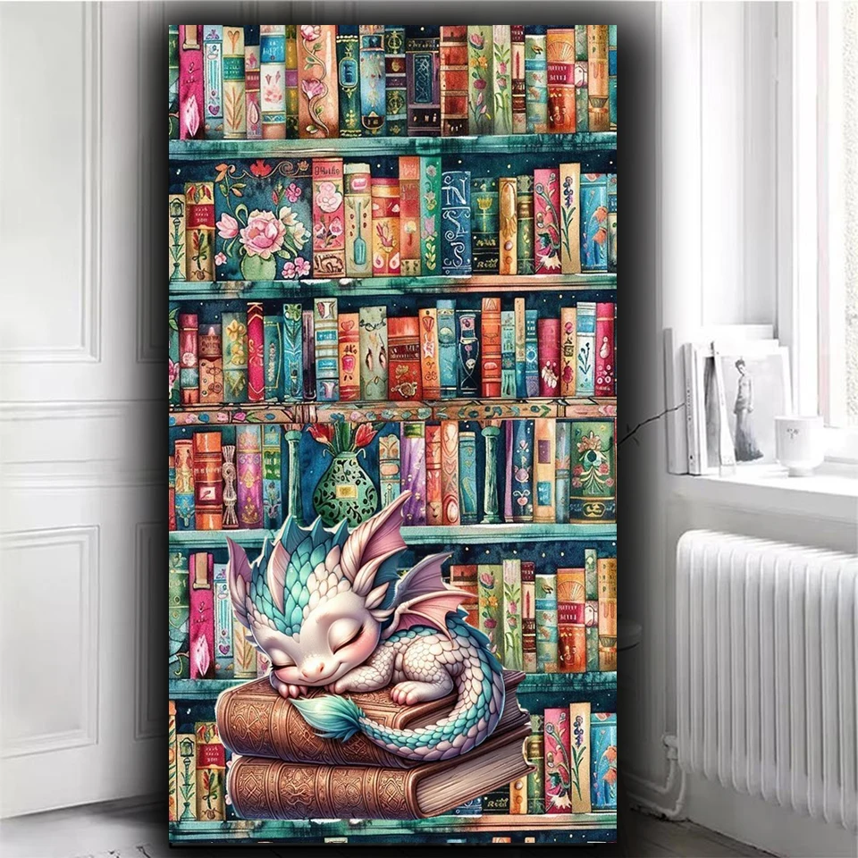 Bookshelf Dragon 5D DIY Diamond Art Painting Kit Full round Mosaic Craft with Animal Home Decor