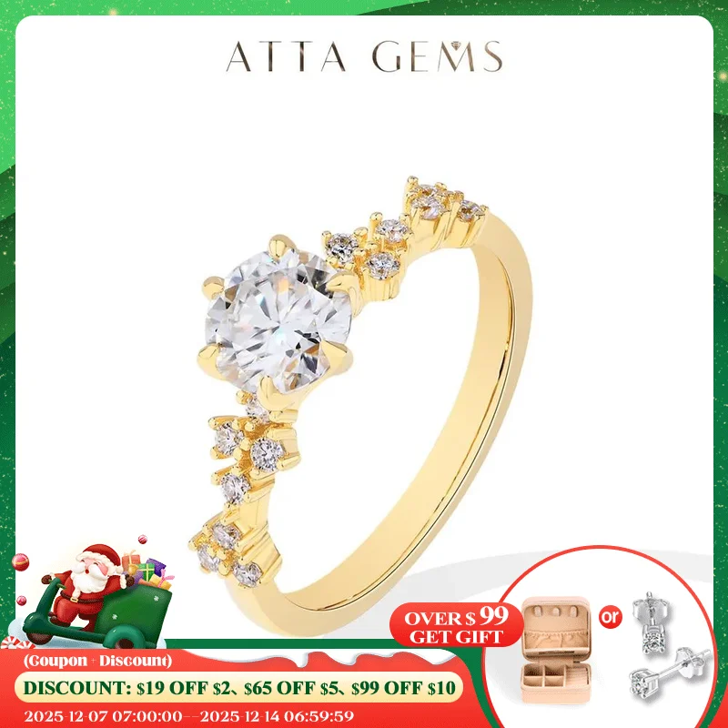 

ATTAGEMS 6.5mm 1CT Moissanite Ring for Women luxury Wedding Bride Christmas Jewelry Gift Solid 18K 14K 10K Yellow Gold Pass Test