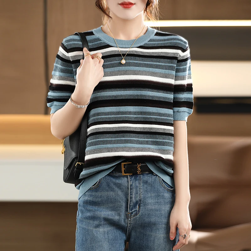 Women\'s T-shirt Spring/Summer 100% Cotton Knitwear Casual Striped Pullover Short Sleeve Round Neck Tees Loose Blouse