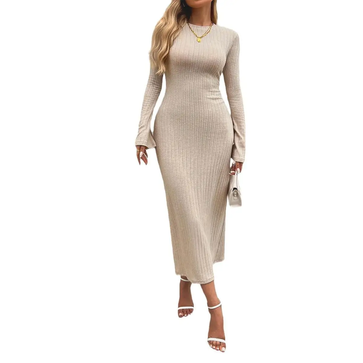 Ele Slim Fit gebreide jurk met uitlopende Sves in pure kleur voor dames Hoge taille Herfst Winter Faion Europese Sle