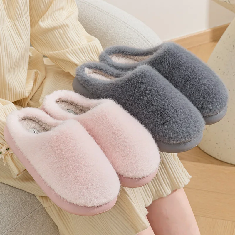 Winter Unisex Concise Solid Color Flat Plush Slippers Non-slip Warm Fluffy Mule Slides For Women Men Home Casual Cotton Shoes