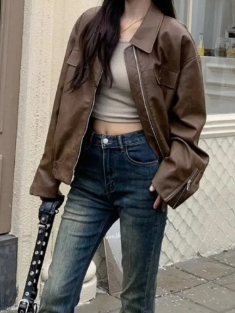 Chaqueta de cuero Vintage marrón High Street para mujer, ropa de calle coreana, chaqueta de cuero informal con cremallera, abrigo holgado de moda de verano para mujer