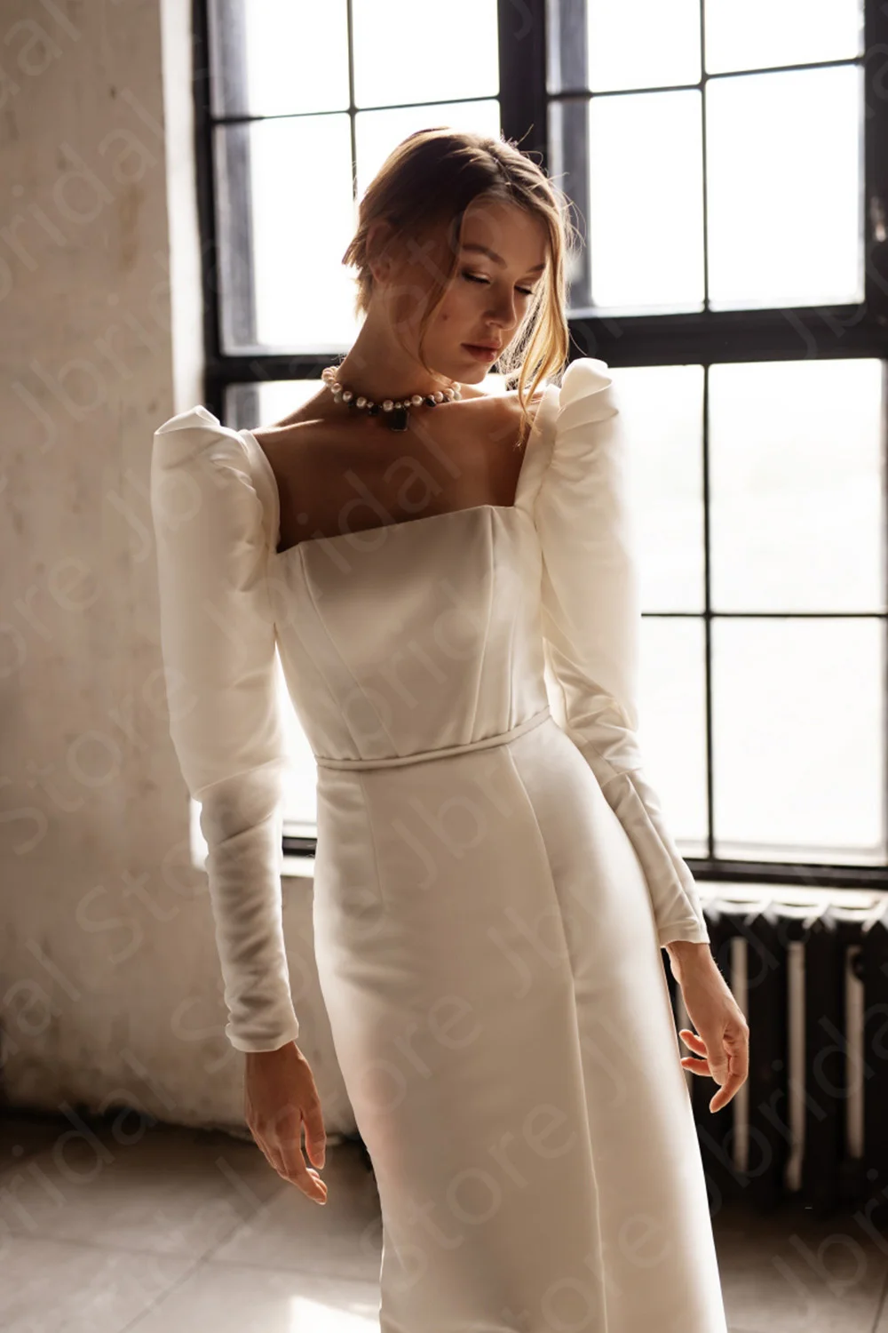 On Sale 2023 Unique Wedding Dresses Ivory Front Slit Bride  Long Puffy Sleeves Back Out Bridal Gowns Square Neckline