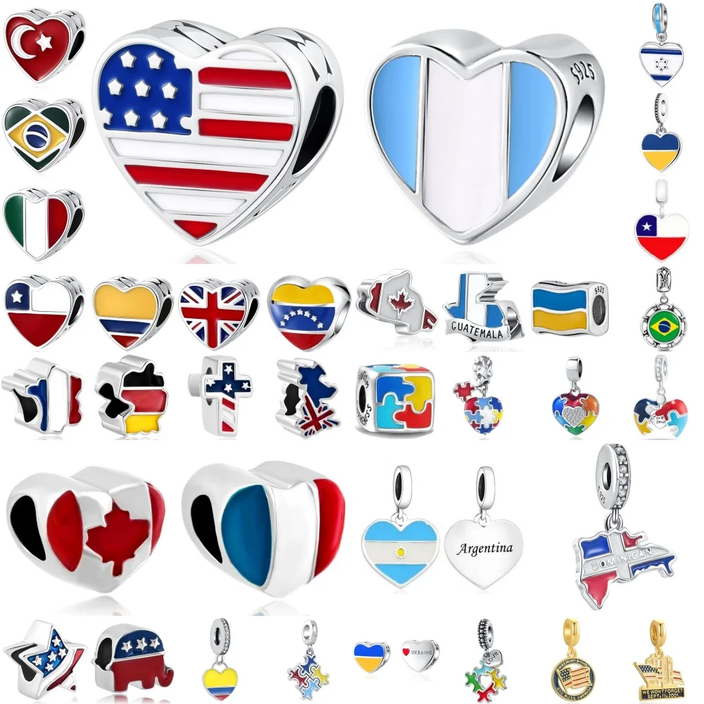 2026 New 925 Silver,Heart-Shaped With Multiple National Flags,Suitable for Original Bracele, DIY Accessories,Exquisite Jewelry ﻿