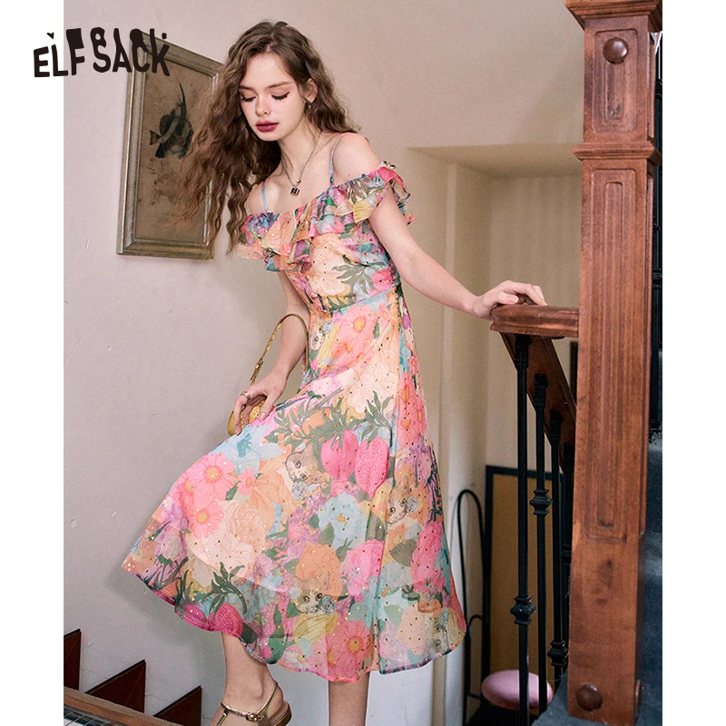 ELFSACK 2024 Summer New One-shoulder floral multi-color holiday style suspender dress for women