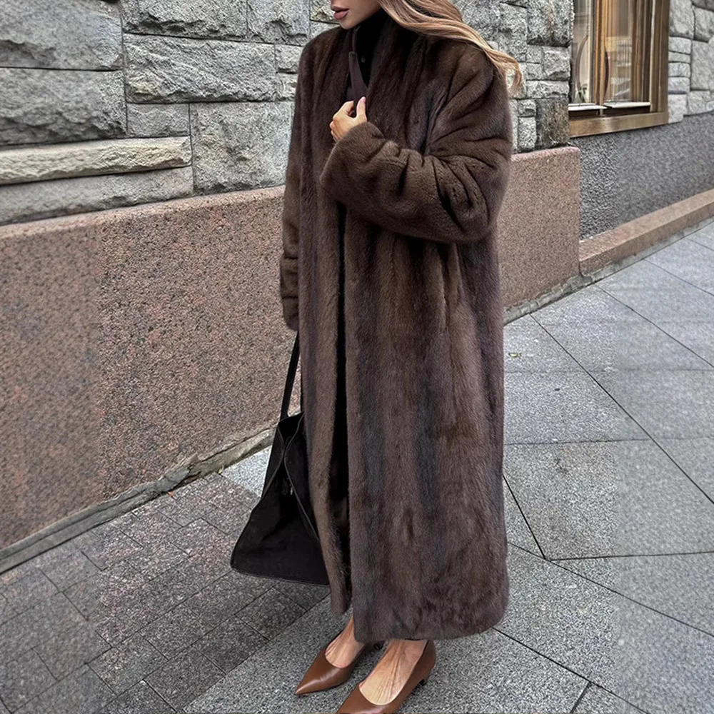 

Elegant Solid Color Fur Coat Fluffy Lapel Lengthened Faux Fur New Fashion Retro Street Style Warm Luxury Thickened Winter Coat