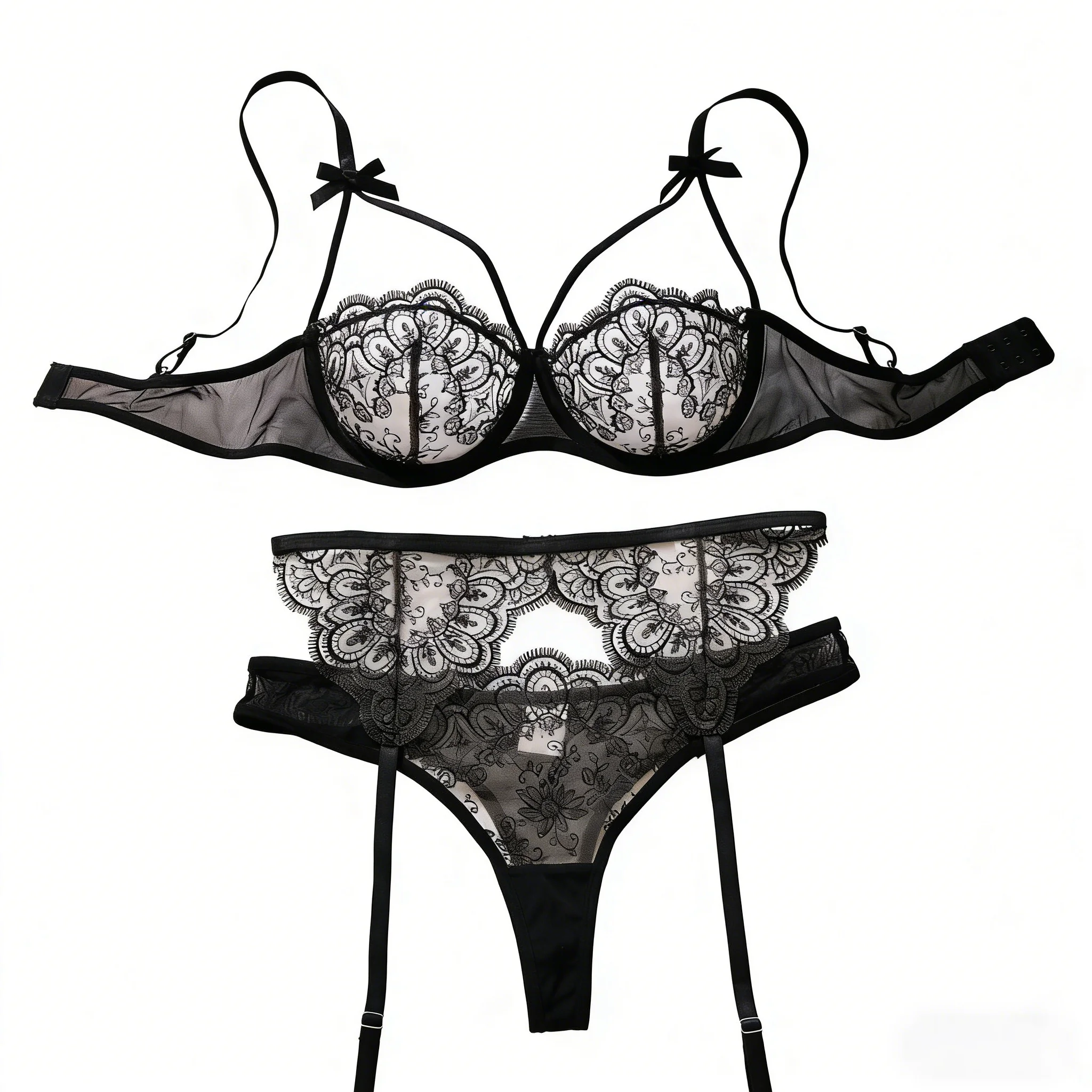 Bas noirs mi-cuisses avec dentelle sexy, ensemble de lingerie brodée fine monocouche, style français Pure Passion ZA825205