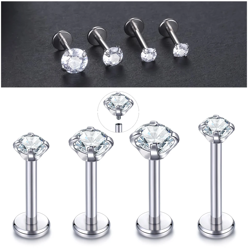 Anillo de labio Labret de acero para mujer, punta de hilo interno, circonita Monroe, Tragus Helix, Piercings de cartílago de oreja, joyería para mujer, 16G, 14G, 1PC