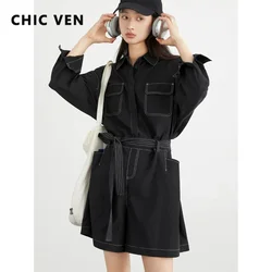 CHIC VEN Women's Jumpsuits Loose Bright Line Rompers Straight Female Rompers With Waist Belt Summer 2024