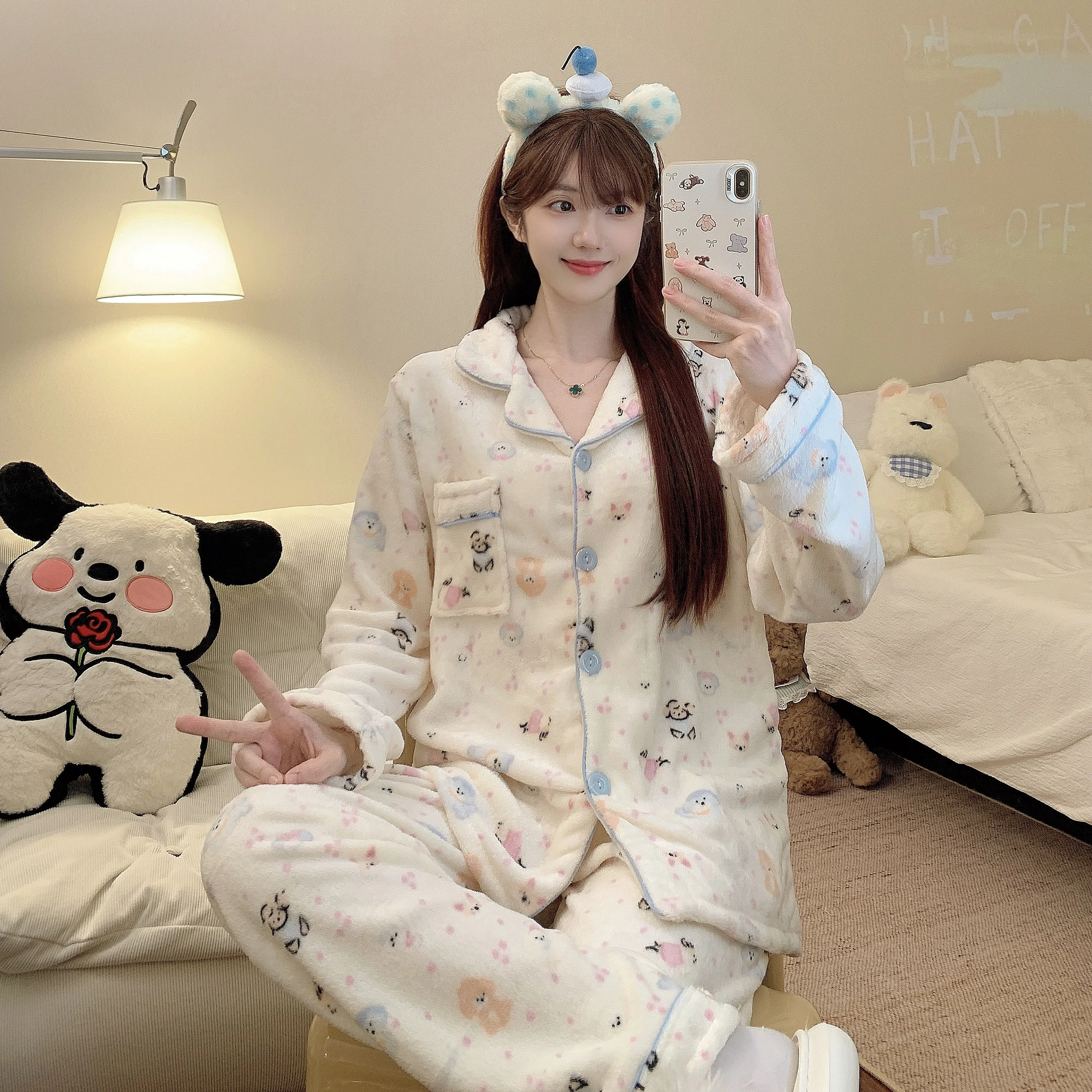 

Winter Pajamas Lapel Neck Women's Pajamas Long Sleeve Kawaii Dog Warm Sleepwear Harajuku Style Cute Casual Pajamas Two-Piece