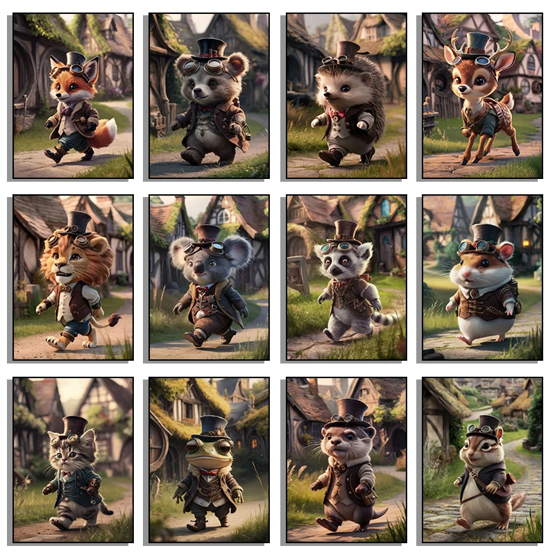 Cute Chibi Steampunk Animals Canvas Painting And Print Abstract Wall Art HD Poster for Living Room Home Decor Frameless Gift