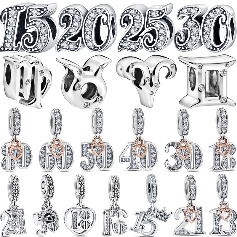 Nowy 100% prawdziwy 925 szterling srebrna cyfra 20 60 50 Charm file Fit oryginalny Pandora Charms bransoletka wisiorek kobiety DIY szlachetna biżuteria