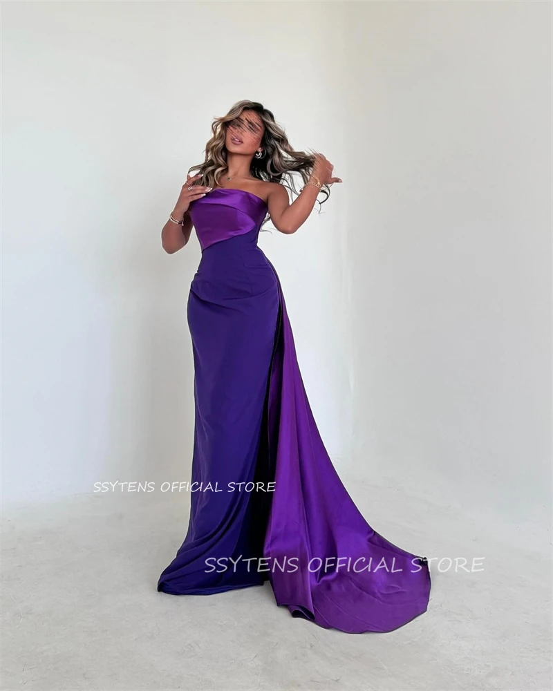 Classic Purple Soft Satin Strapless Eveing Dresses Dubai Women Customized Arabic Prom Party Gowns Mermaid Formal Event Dress