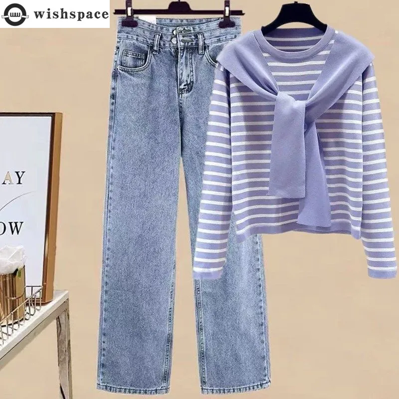 

Korean Spring and Autumn 2022 College Style Sweater Top + High Waist Fashion Casual Jeans Temperament Two-piece Set