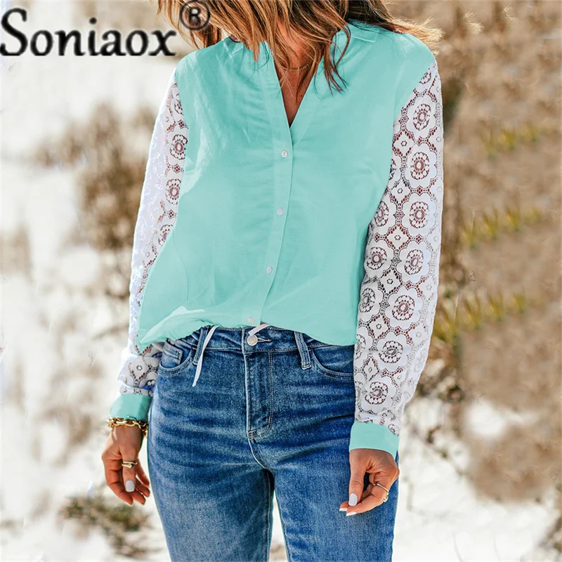 2022 Autumn New Fashion Blouse Tops Women Long Sleeve Lace Patchwork Blouse Ladies Casual Sexy V-Neck Solid Color Street Shirt