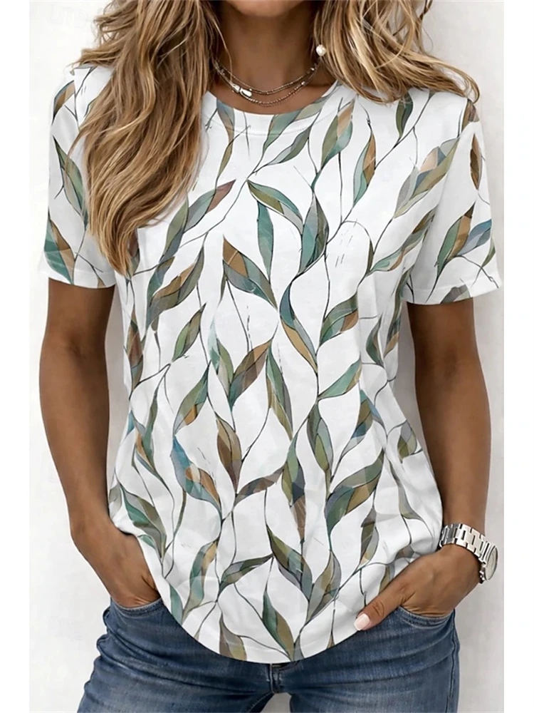 New Arrival Elegant Women's Short-Sleeve T-Shirt Casual Top with Fresh Botanical Floral Print Relaxed Fit Women's T-Shirt