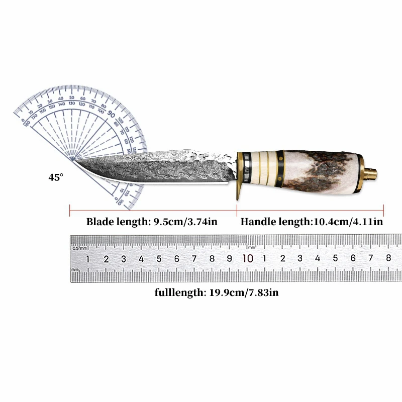 VG10 Damascus Steel Fixed-Blade Knife, Men's Knife, Natural Antler Handle, Ideal for Outdoor Camping, Hiking, and as an EDC Tool view 6
