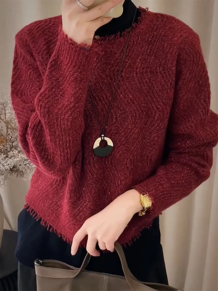 

Корейский дизайнерский трикотаж с пайетками: женский универсальный топ больших размеров, стройнящий, теплый, с длинным рукавом