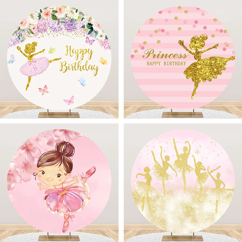 

Ballerina Round Background Kids Girls Birthday Party Decorations Pink Flowers Baby Shower Ballet Circle Backdrop Cover Elastic