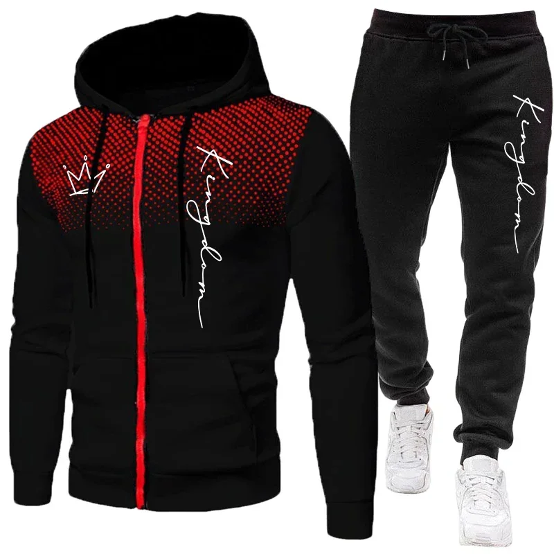 Immagine 3: Completo da uomo con stampa King Letter: felpa con cappuccio e cerniera e pantaloni neri, ideale per l'autunno e l'inverno, per un look casual, sportivo e da jogging, perfetto per tutti i giorni.