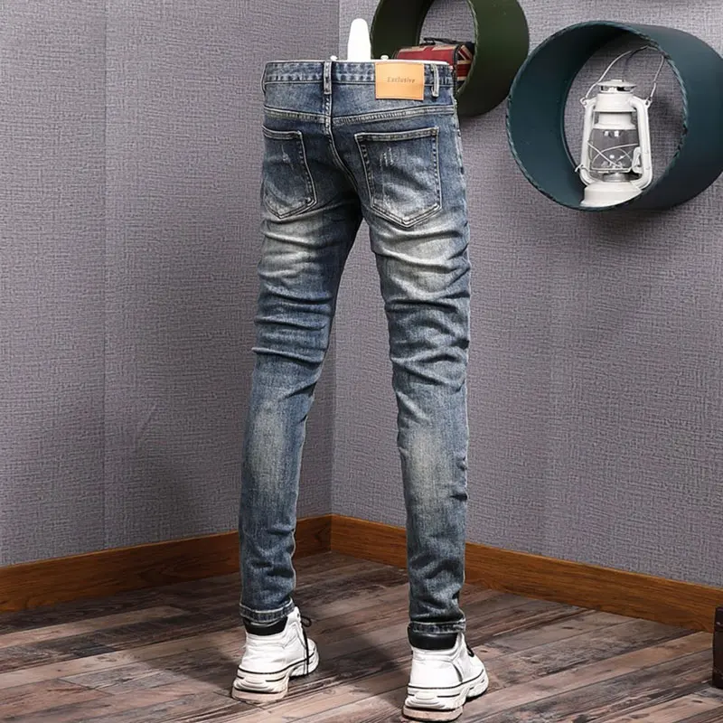 Streetwear Fashion Men Jeans Retro Blue Stretch Elastic Slim Fit Ripped Jeans Men Vintage Designer Denim Pencil Pants Hombre