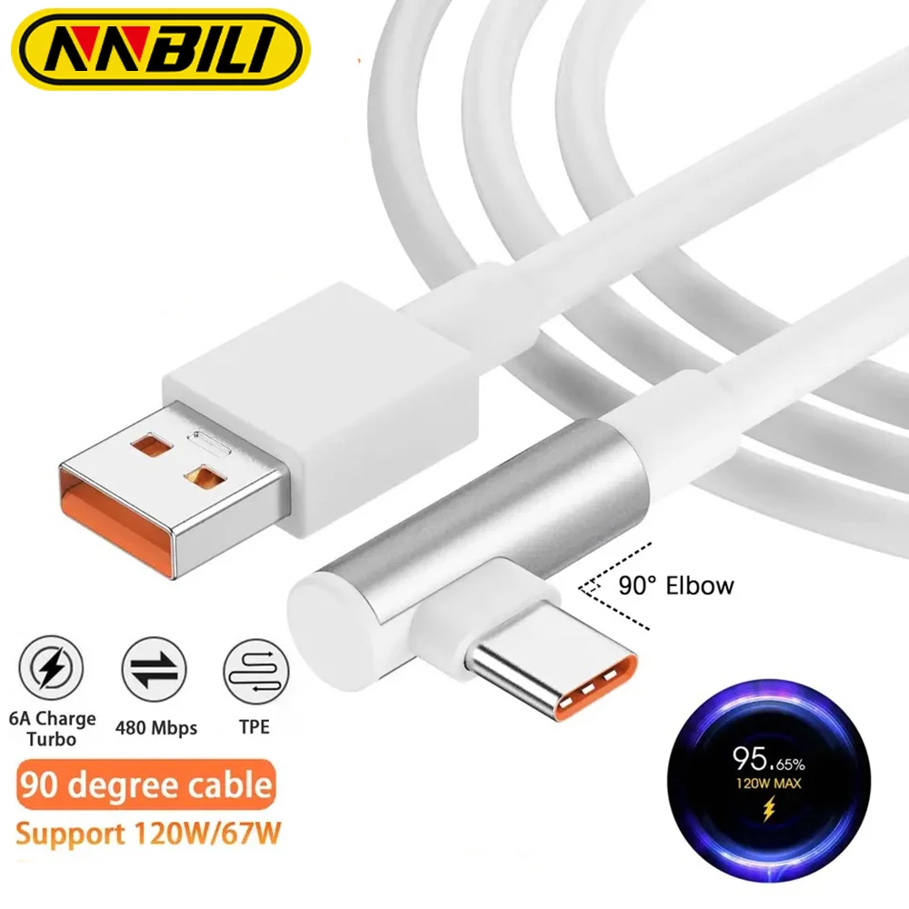 NNBILI 120W USB Typ-C-Kabel, 90-Grad-Winkel, superschnelles Ladekabel USB-C für Xiaomi 17 15 14 13 12 11 Pro Lite Redmi Note