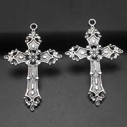 10pcs Silver Plated Baroque Style Crosses Metal Pendant DIY Charms Necklace Earrings Jewelry Crafts Gift Making 56*37mm  A10