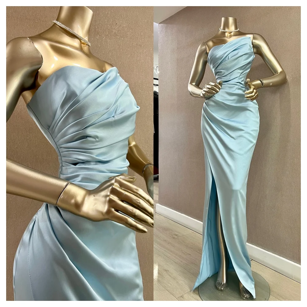 customizedCustomized Mermaid Simple Blue Satin Evening Dress Modern Strapless Sleeveless Party Dress Fashion Floor Length Celebr
