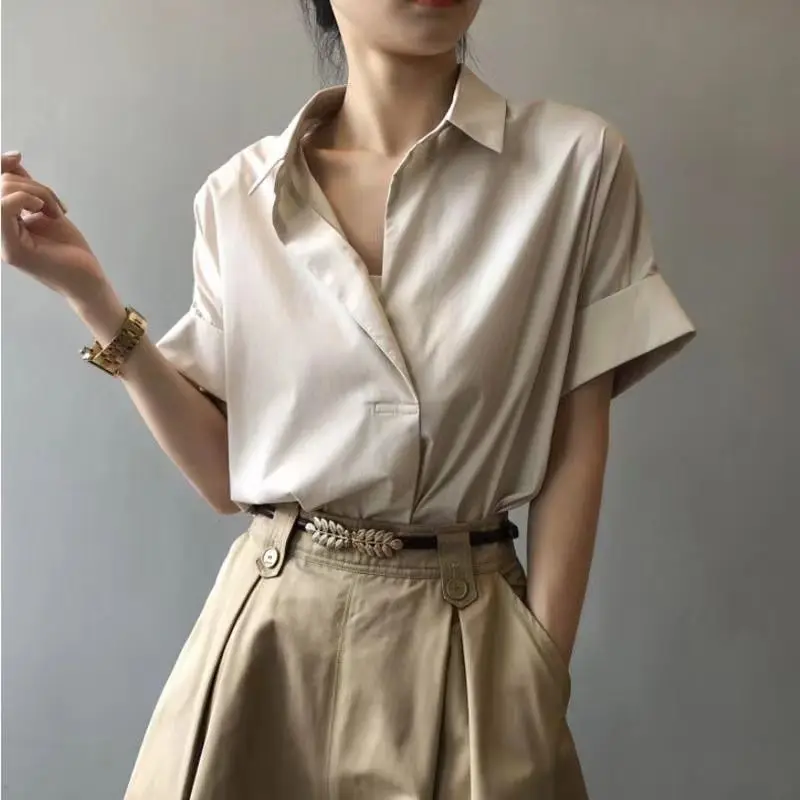 Women Summer Korean Simplicity Solid Color V-neck Short Sleeve Shirts Women Clothes Simplicity All-match Appear Thin Trend Tops