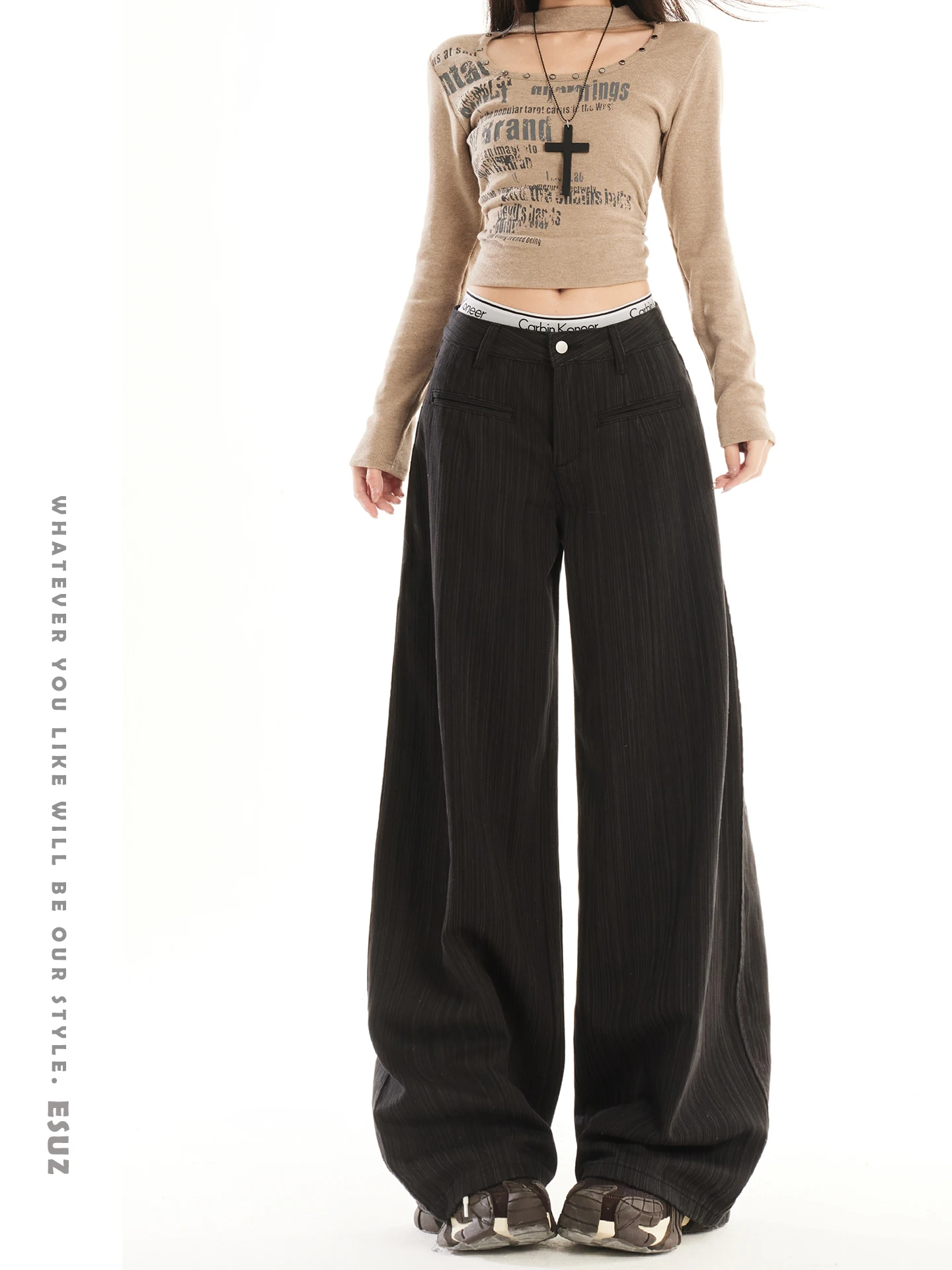 

Offcat High Waist Wide Leg Denim Jeans Women's Early Spring 2026 New Loose Lazy Hanging Deep Grey Casual Comfortable Fit