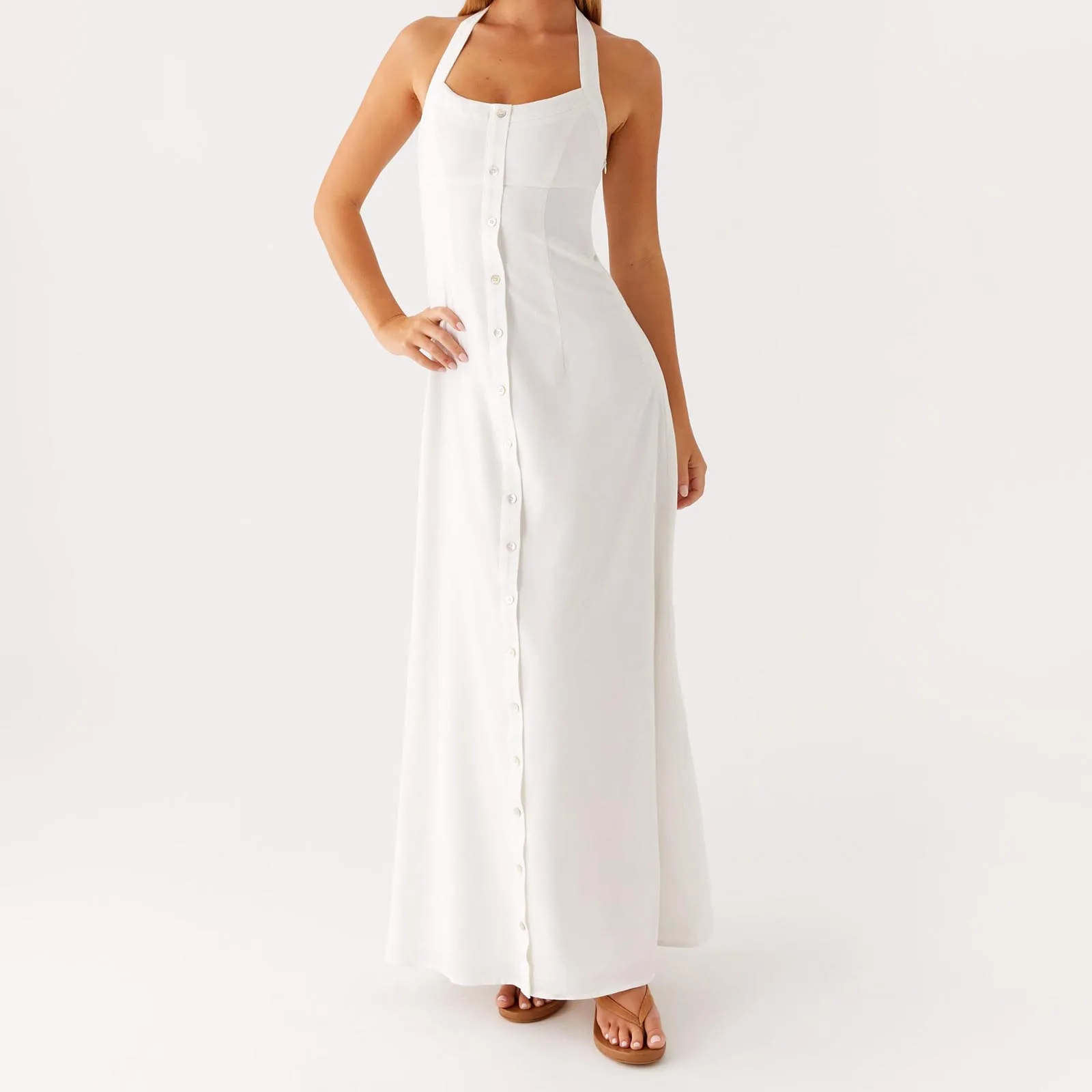 Długa sukienka damska z dekoltem typu halter, bez pleców, zapinana na guziki, sukienka koktajlowa na wakacje na plaży, letnia impreza, do noszenia na co dzień, na zewnątrz.