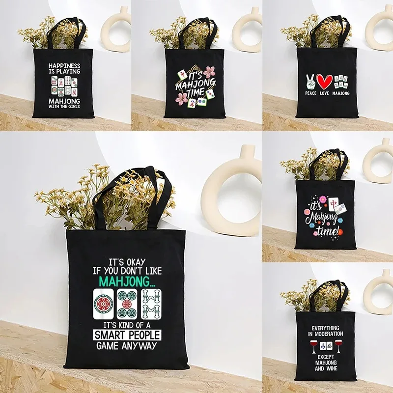 

Peace Love Mahjong Canvas Shoulder Bag Multi-purpose Travel Tote Bag Eco-friendly Shopping Bag Fun Tote Bags for Mahjong Lovers