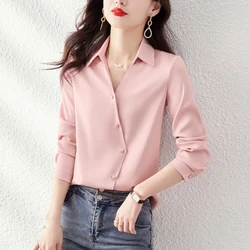 Fashion Slim Office Lady Solid Blouses And Shirts Vintage Long Sleeve Satin Chiffon Tops Elegant Female Casual Clothes 2024