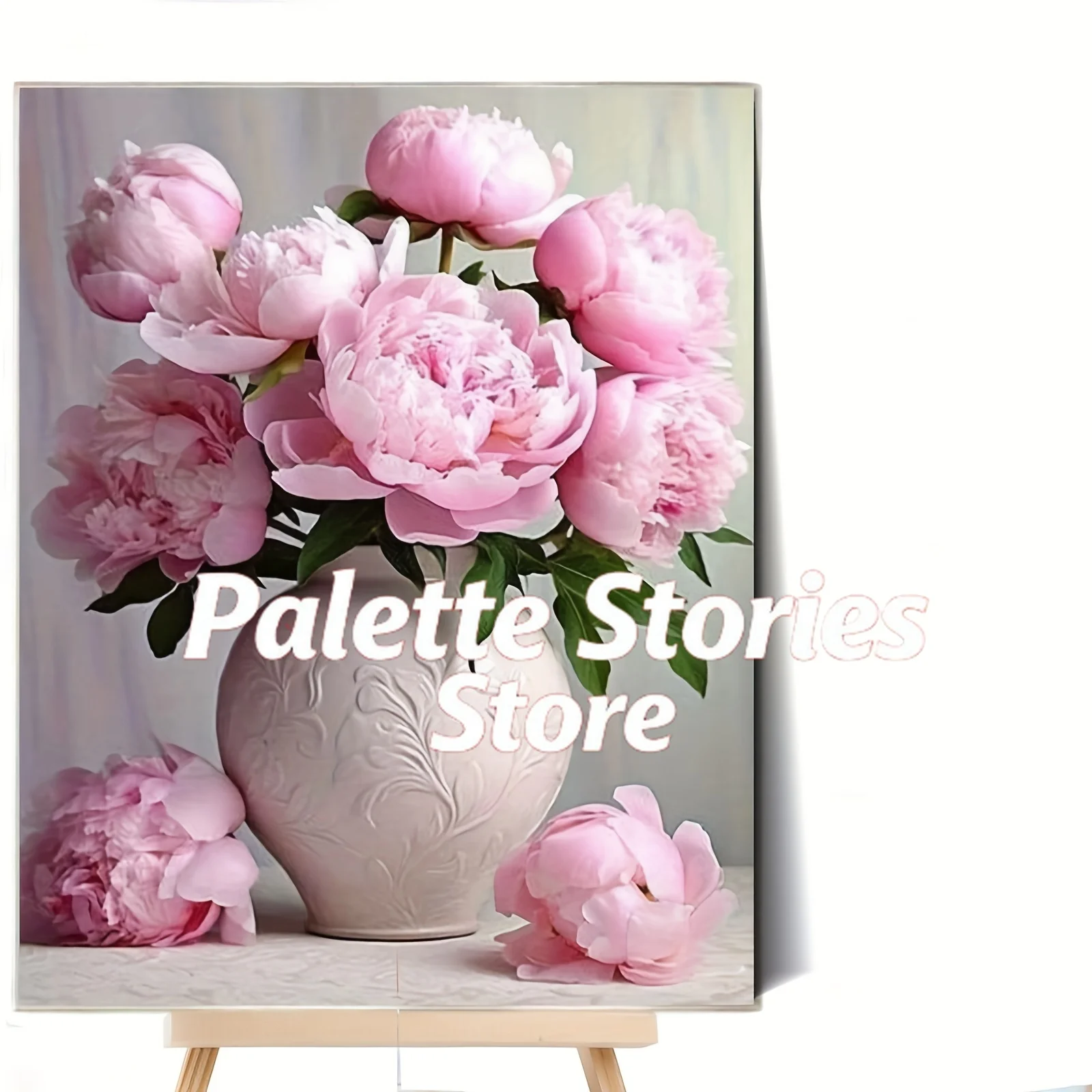 Kit de peinture numérique pour débutants avec un bouquet de pivoines roses épanouies qui dégagent élégance et douceur. Cette découverte