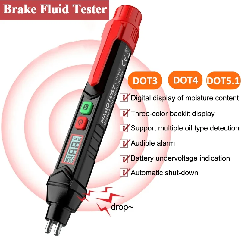 

Brake Fluid Liquid Oil Tester LED Indicator DOT3 DOT4 DOT5.1 Detect Accurate Automotive Brake Oil Tester Pen Sound Light Alarm
