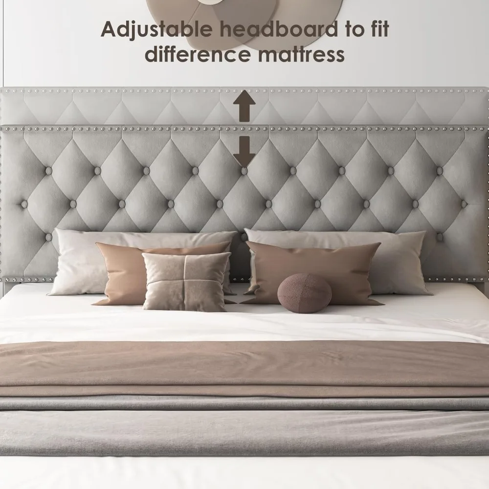 HOSTACK Queensize bedframe met 4 opbergladen, modern gestoffeerd platformbed met verstelbaar hoofdeinde, getuft bed met knopen